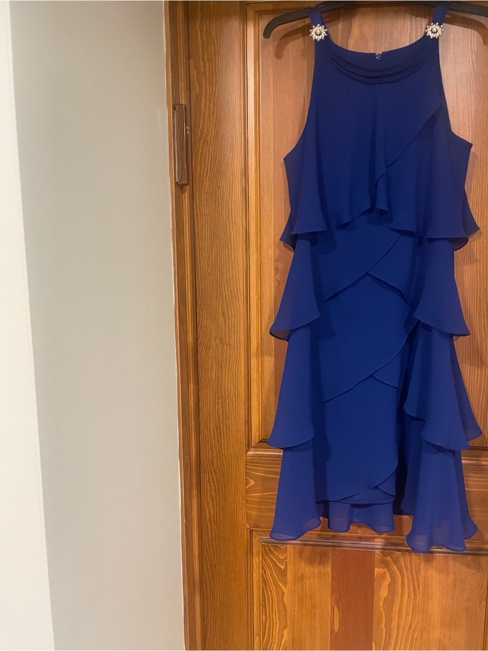 SL Fashions Tiered Ruffle Midi Dress in Royal Blue with Jeweled Straps